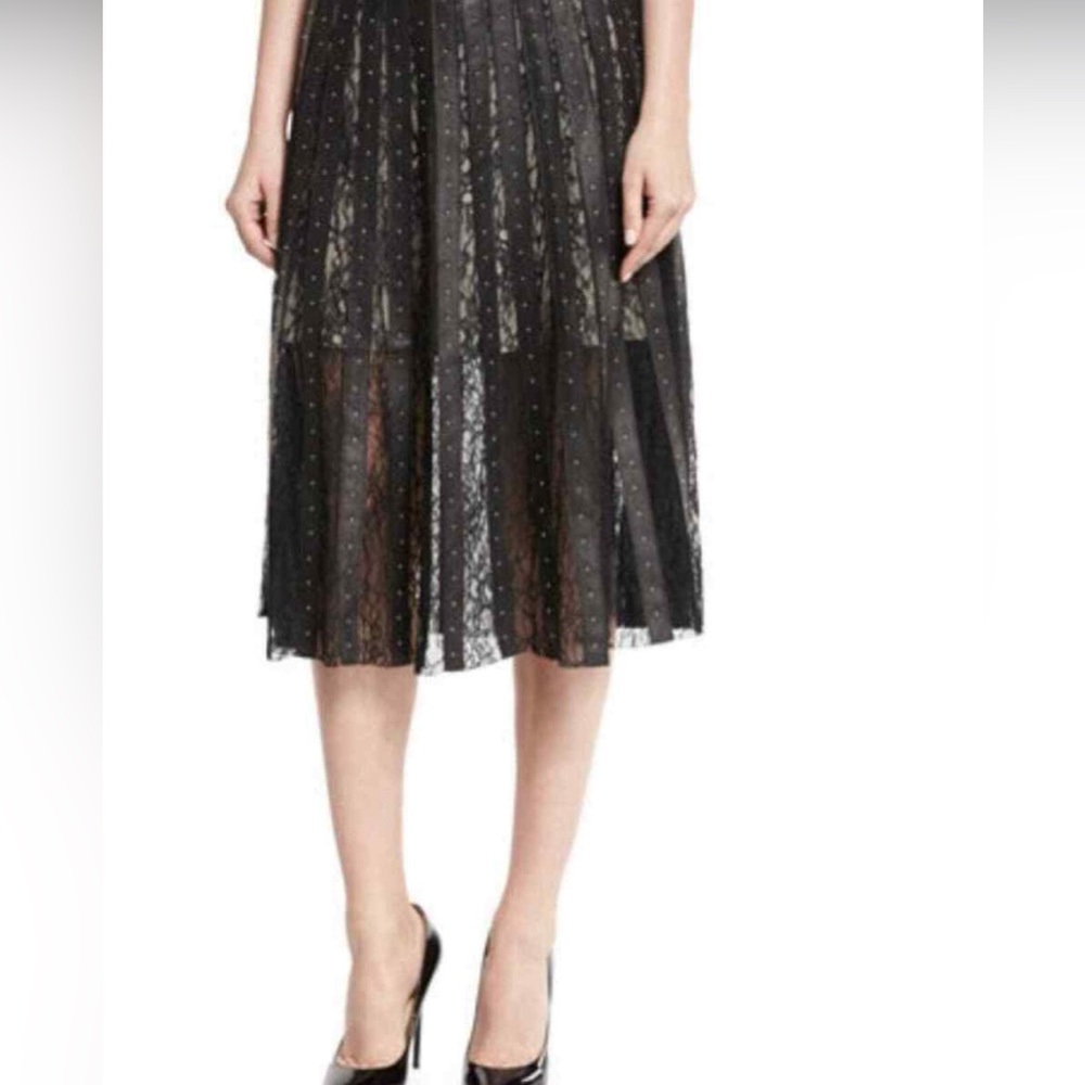 Alice and Olivia mid length mixed lamb leather and lace skirt